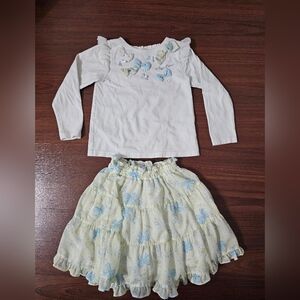 女童Mezzo piano碎Girls White Long-Sleeve Top & Light Yellow Floral Tiered Skirt Set